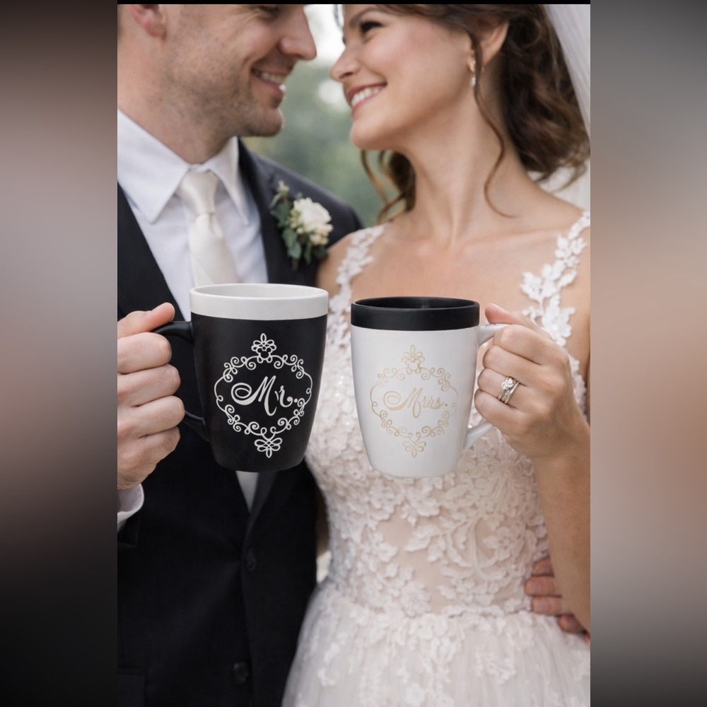 NWT  Disney Parks Wedding Mug Set Mr. & Mrs. Love Is Magical Black White Matte.